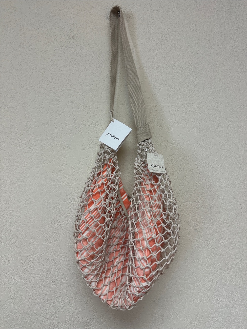 Free People NWT Neutral Net Market Tote with Coral Liner
